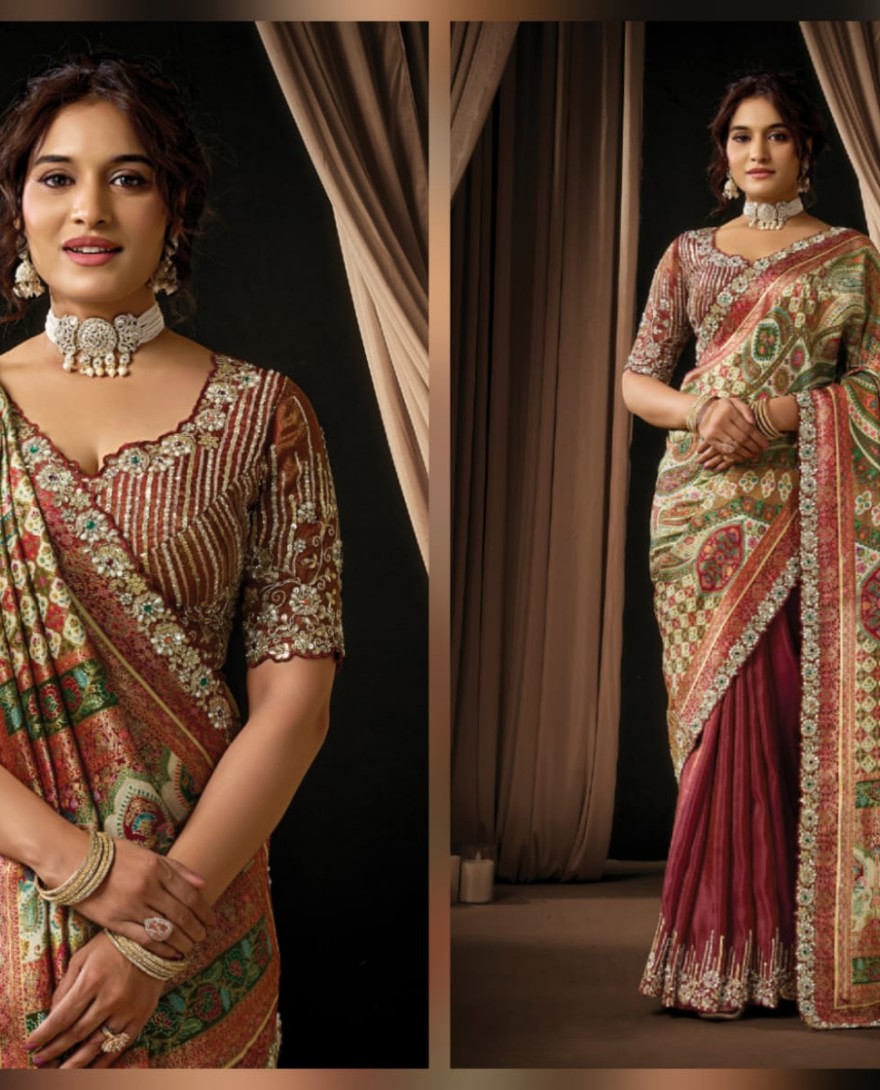 MAROON - Opulent Rich Maroon Viscose Shimmer Sequins Beads Hand Embroidered Jacquard Stones Saree Wedding Wear