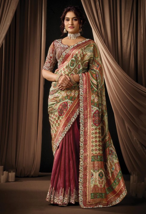Opulent Rich Maroon Viscose Shimmer Sequins Beads Hand Embroidered Jacquard Stones Saree Wedding Wear