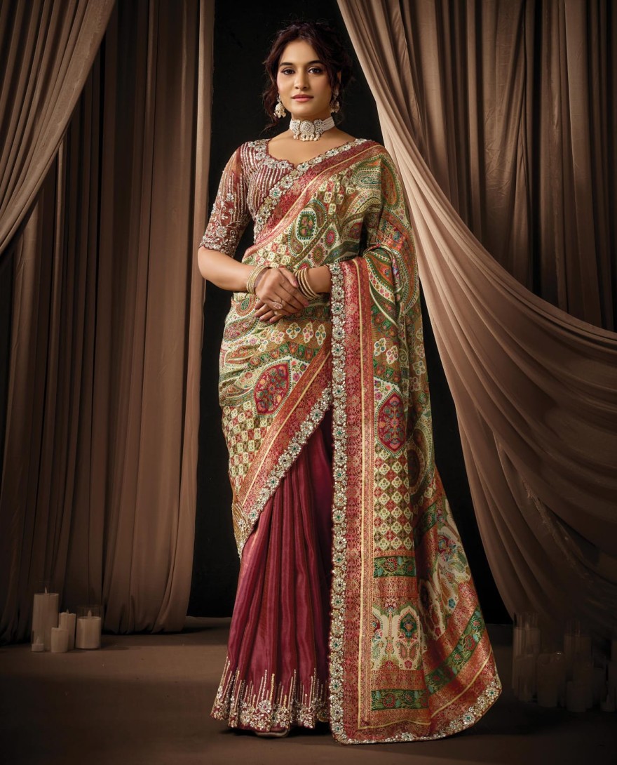 MAROON - Opulent Rich Maroon Viscose Shimmer Sequins Beads Hand Embroidered Jacquard Stones Saree Wedding Wear