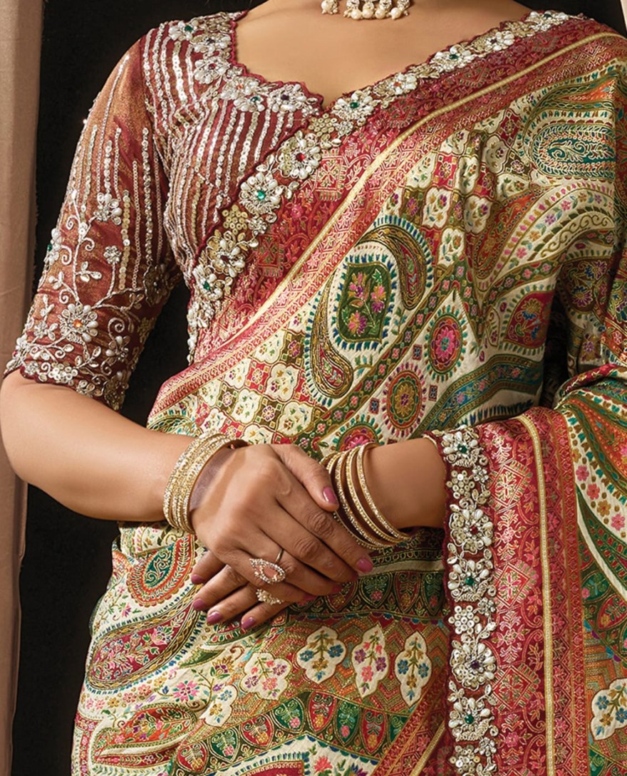 MAROON - Opulent Rich Maroon Viscose Shimmer Sequins Beads Hand Embroidered Jacquard Stones Saree Wedding Wear