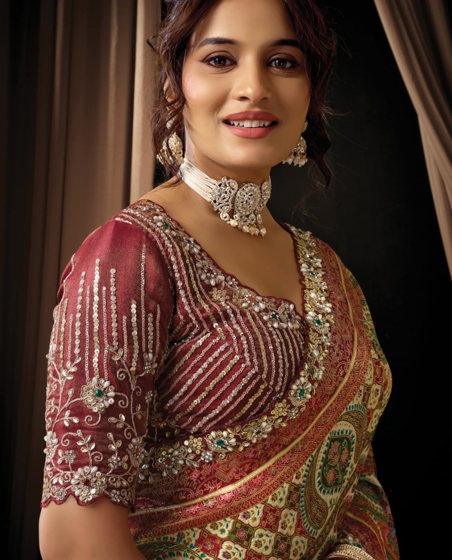 MAROON - Opulent Rich Maroon Viscose Shimmer Sequins Beads Hand Embroidered Jacquard Stones Saree Wedding Wear