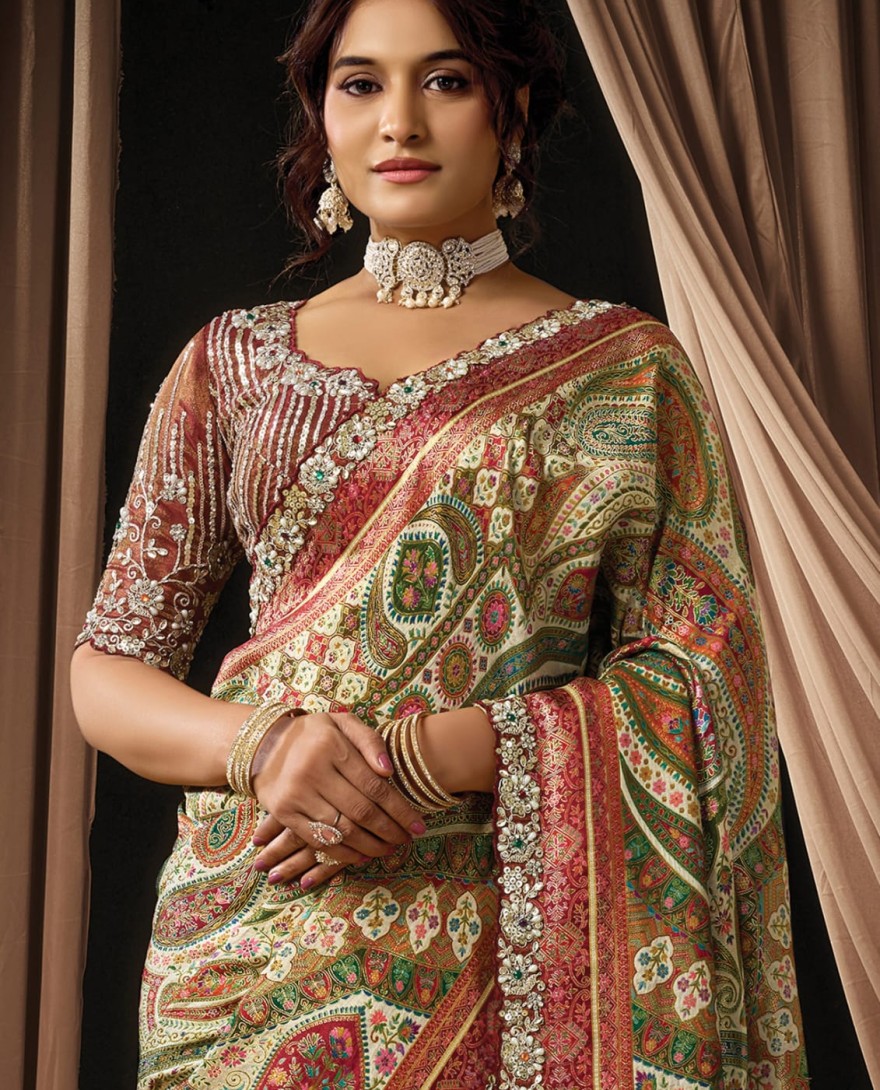 MAROON - Opulent Rich Maroon Viscose Shimmer Sequins Beads Hand Embroidered Jacquard Stones Saree Wedding Wear