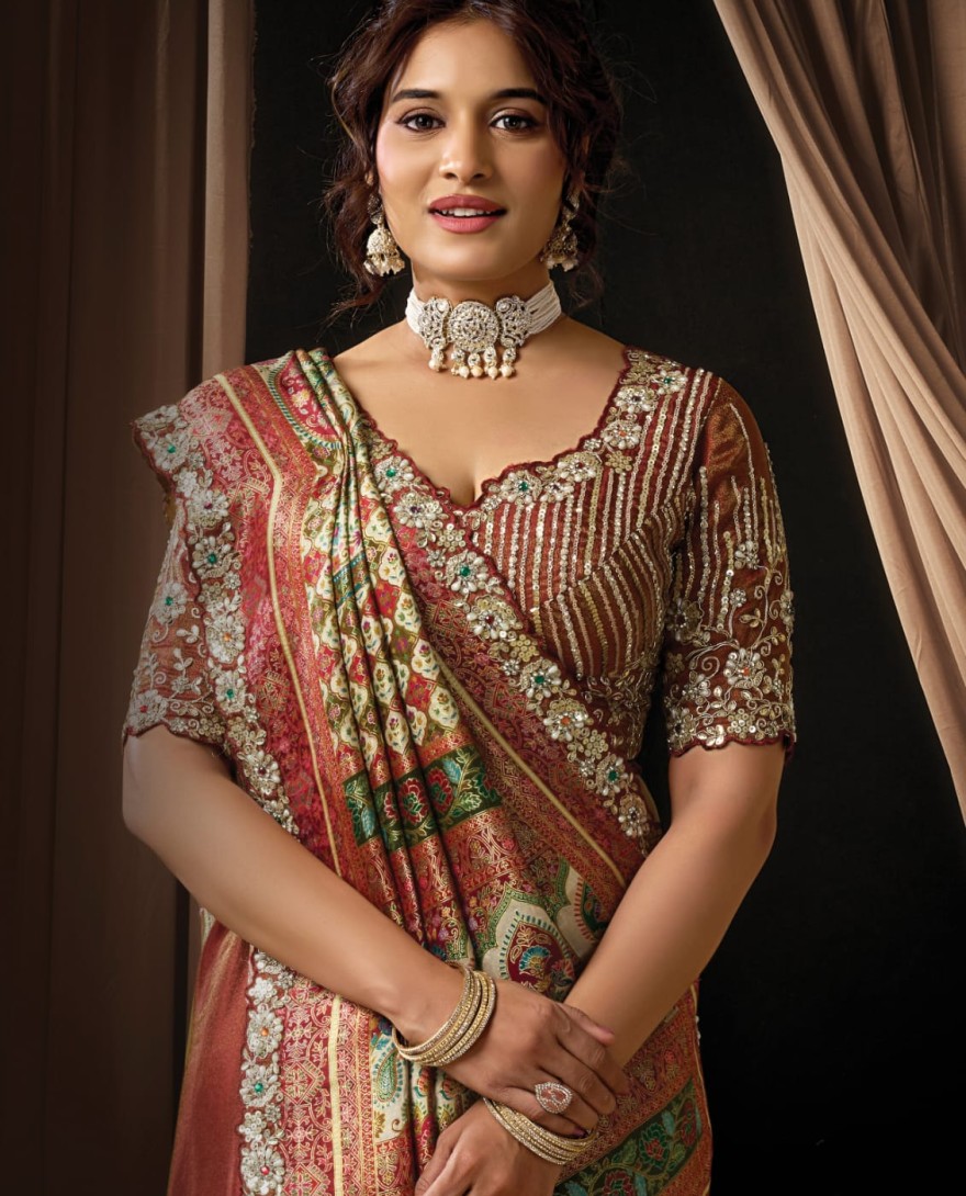 MAROON - Opulent Rich Maroon Viscose Shimmer Sequins Beads Hand Embroidered Jacquard Stones Saree Wedding Wear