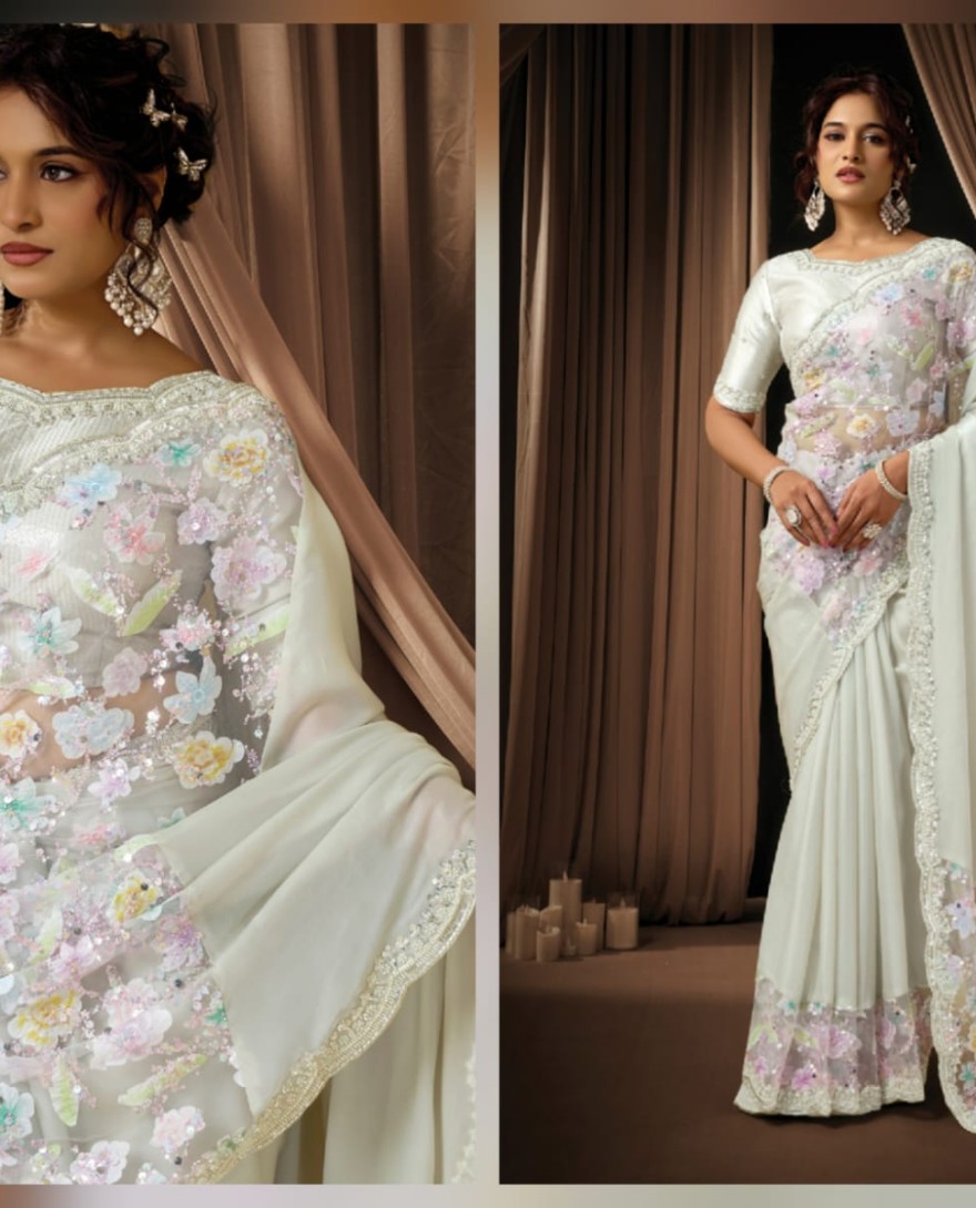OFFWHITE - Timeless Off White Satin Silk Sequins Beads Hand Embroidered Stones Saree Wedding Wear