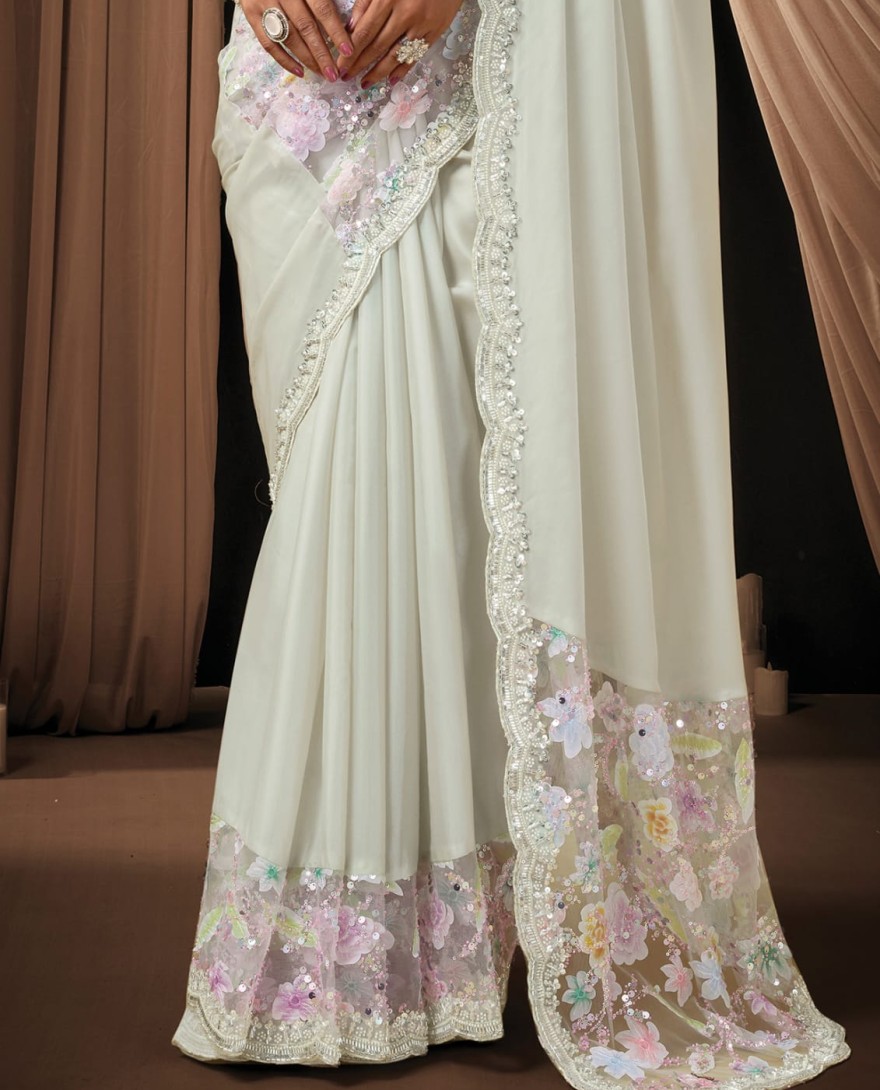 OFFWHITE - Timeless Off White Satin Silk Sequins Beads Hand Embroidered Stones Saree Wedding Wear