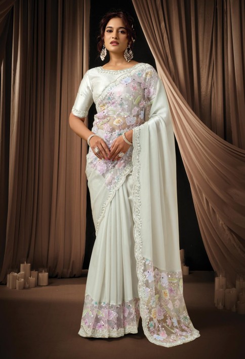 Timeless Off White Satin Silk Sequins Beads Hand Embroidered Stones Saree Wedding Wear