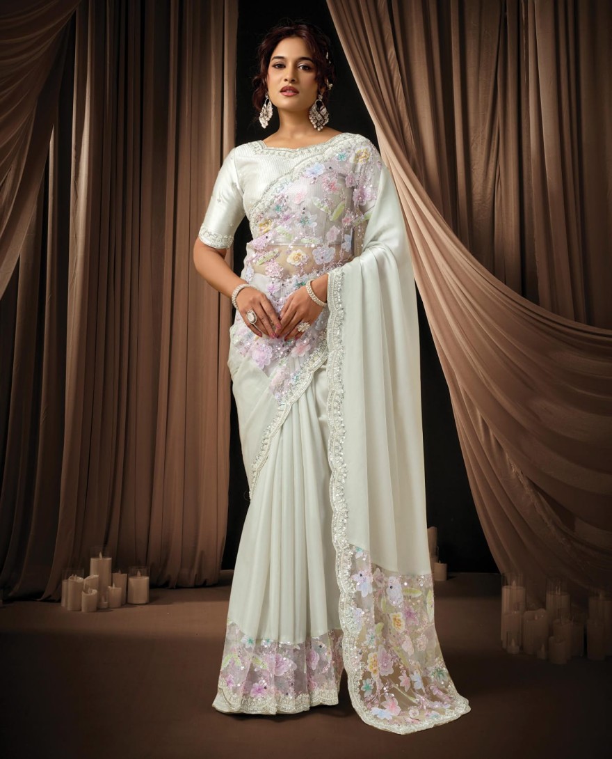 OFFWHITE - Timeless Off White Satin Silk Sequins Beads Hand Embroidered Stones Saree Wedding Wear