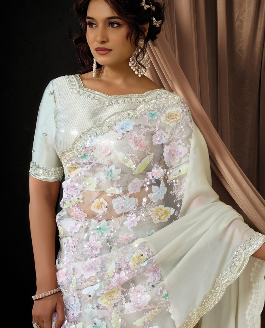OFFWHITE - Timeless Off White Satin Silk Sequins Beads Hand Embroidered Stones Saree Wedding Wear