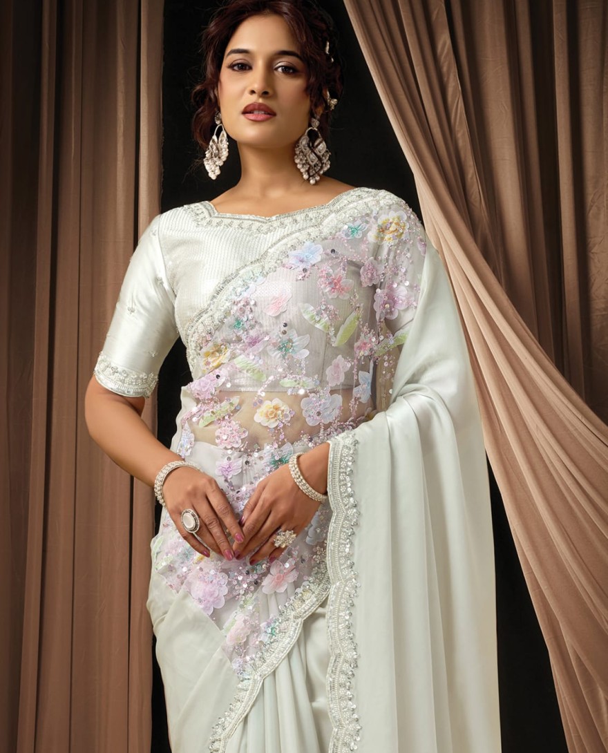 OFFWHITE - Timeless Off White Satin Silk Sequins Beads Hand Embroidered Stones Saree Wedding Wear