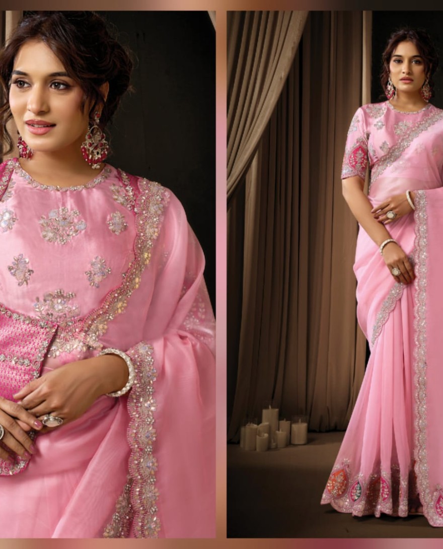 PINK - Classic Pink Tissue Organza Sequins Beads Hand Embroidered Stones Saree Wedding Wear