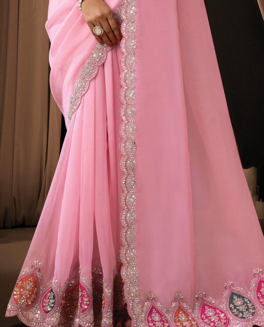 PINK - Classic Pink Tissue Organza Sequins Beads Hand Embroidered Stones Saree Wedding Wear