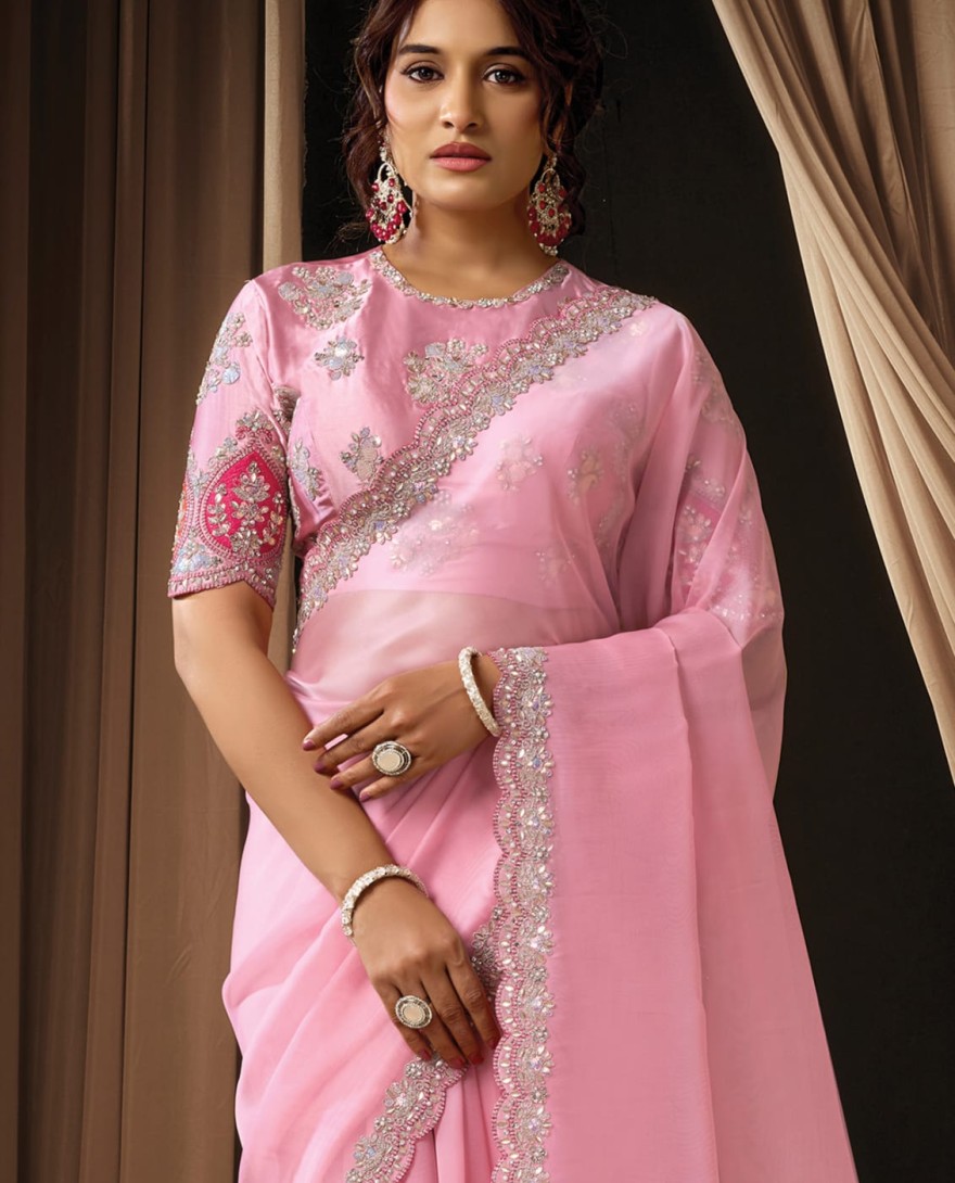 PINK - Classic Pink Tissue Organza Sequins Beads Hand Embroidered Stones Saree Wedding Wear