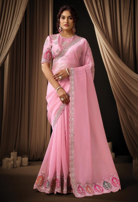 Classic Pink Tissue Organza Sequins Beads Hand Embroidered Stones Saree Wedding Wear