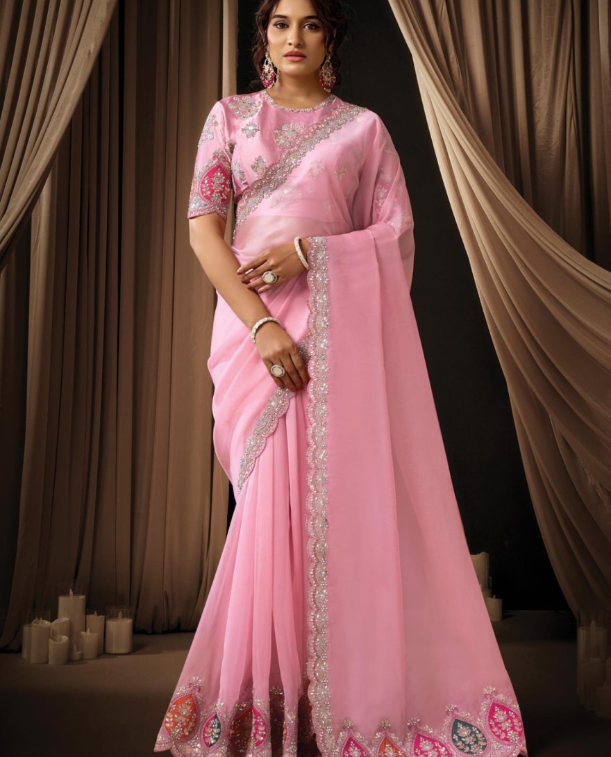 PINK - Classic Pink Tissue Organza Sequins Beads Hand Embroidered Stones Saree Wedding Wear