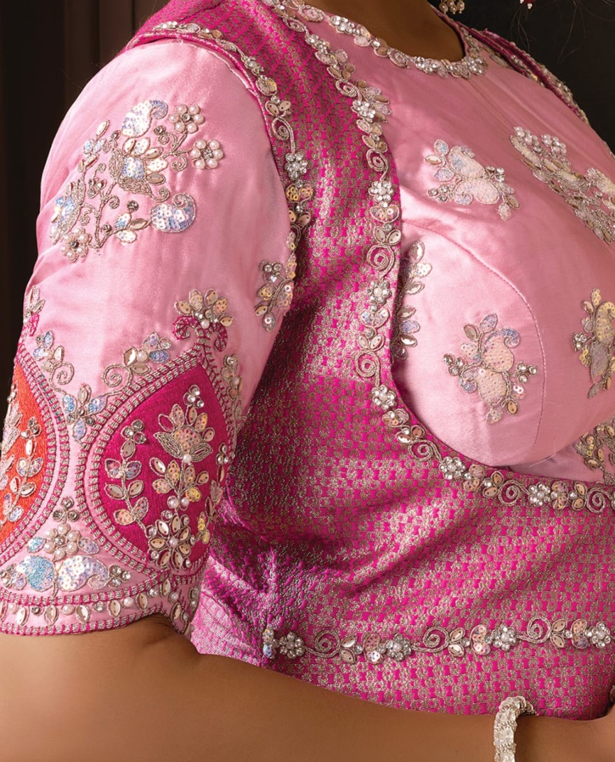 PINK - Classic Pink Tissue Organza Sequins Beads Hand Embroidered Stones Saree Wedding Wear