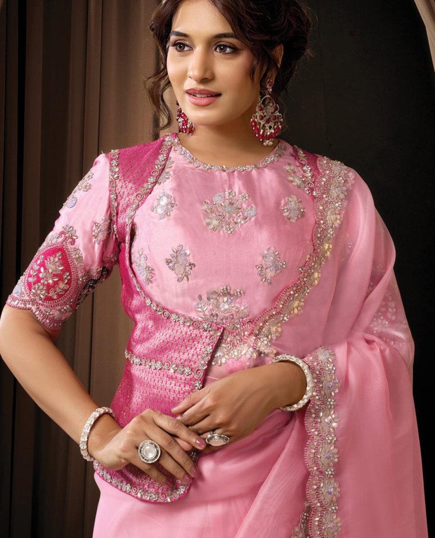 PINK - Classic Pink Tissue Organza Sequins Beads Hand Embroidered Stones Saree Wedding Wear