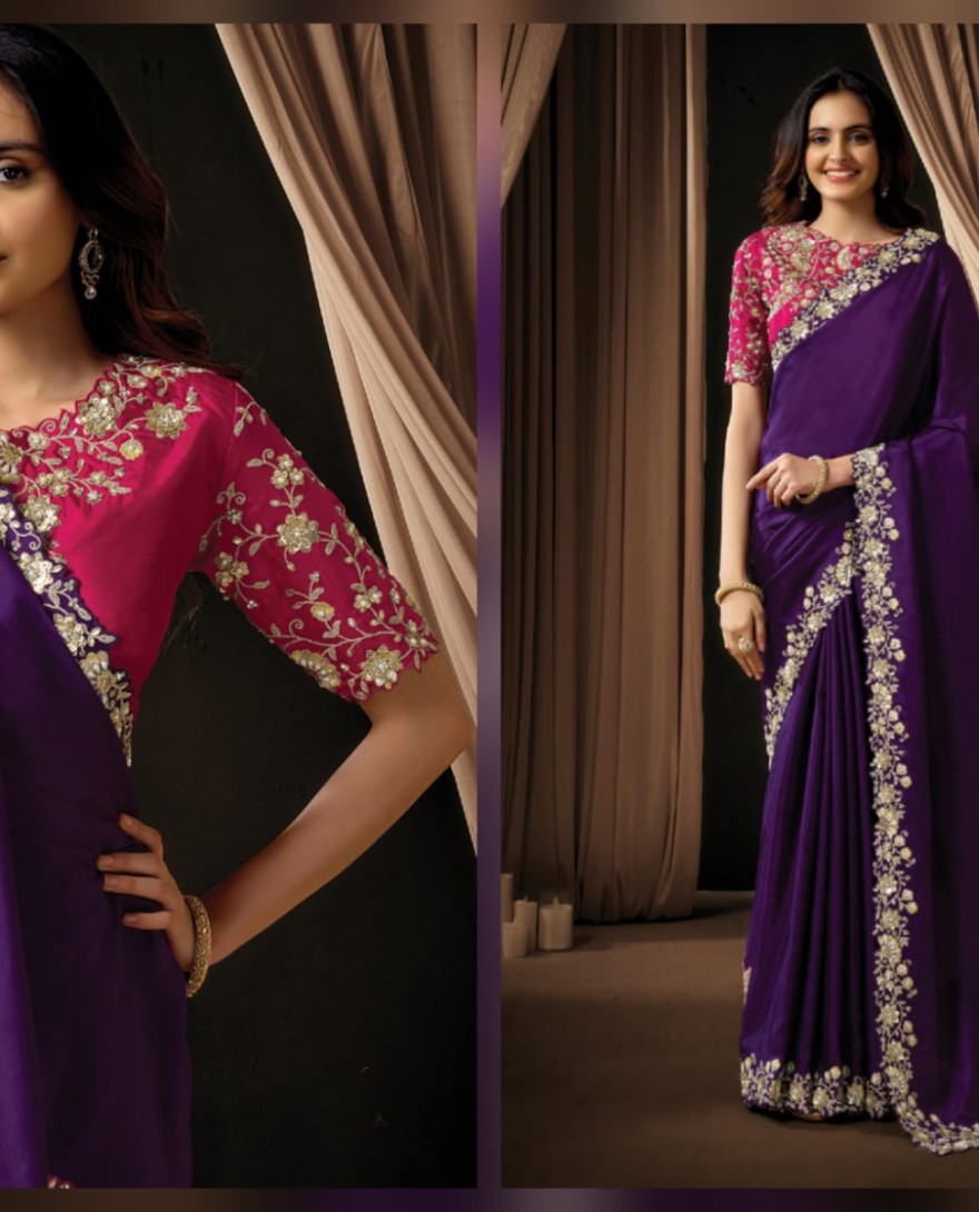 PURPLE - Royal Dark Purple Upada Silk Sequins Beads Hand Embroidered Stones Saree Wedding Wear