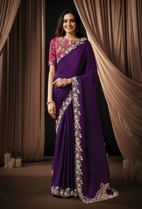 Royal Dark Purple Upada Silk Sequins Beads Hand Embroidered Stones Saree Wedding Wear