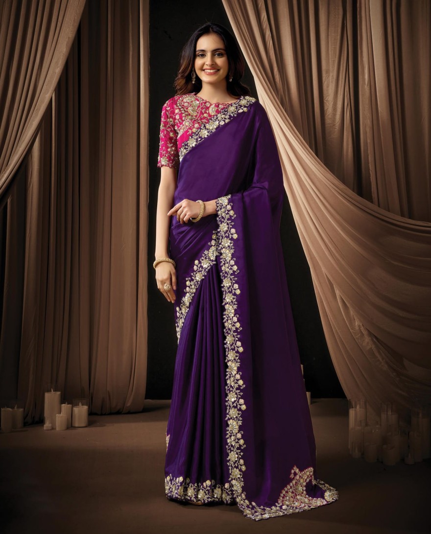 PURPLE - Royal Dark Purple Upada Silk Sequins Beads Hand Embroidered Stones Saree Wedding Wear