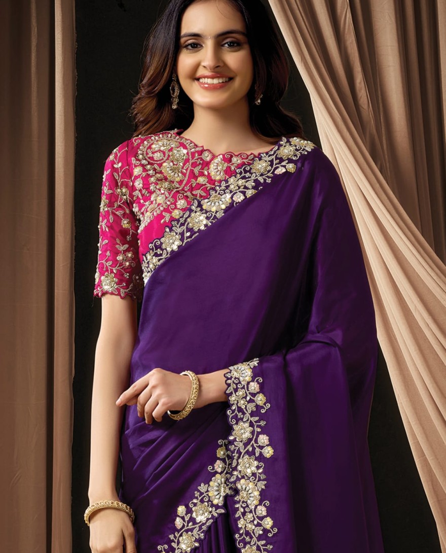 PURPLE - Royal Dark Purple Upada Silk Sequins Beads Hand Embroidered Stones Saree Wedding Wear