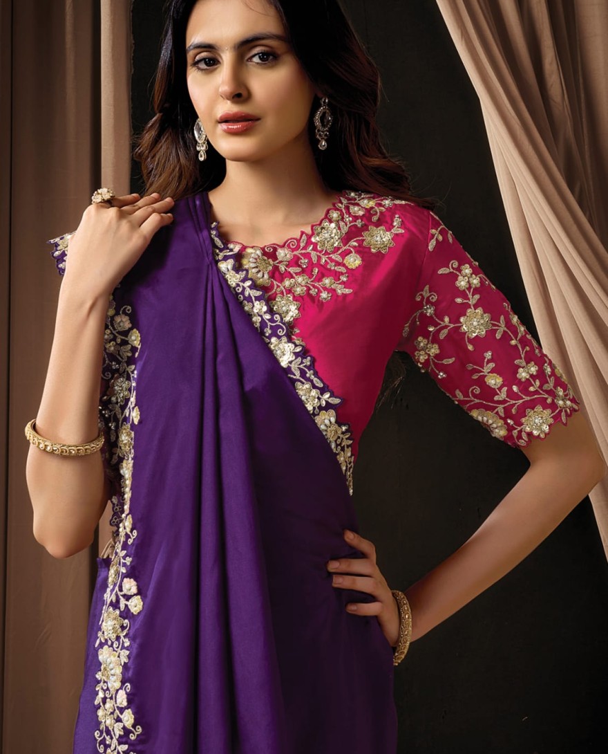 PURPLE - Royal Dark Purple Upada Silk Sequins Beads Hand Embroidered Stones Saree Wedding Wear