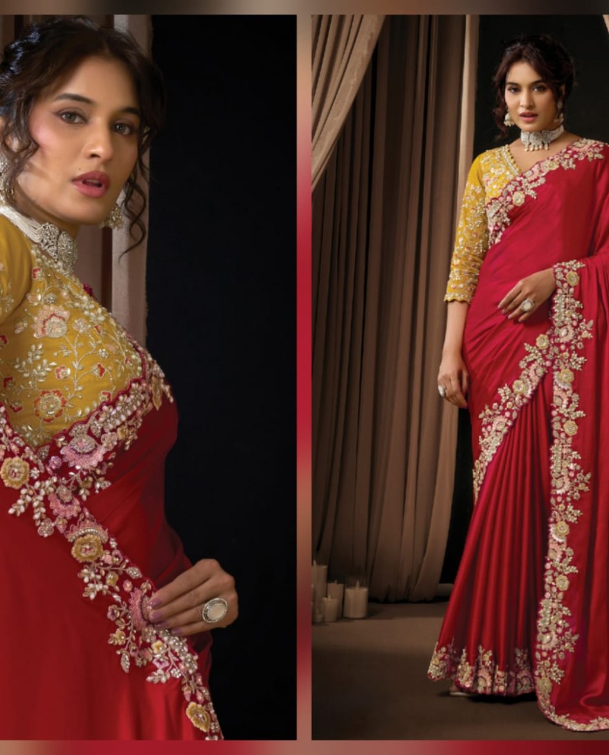 RED - Radiant Hot Red Satin Silk Sequins Beads Hand Embroidered Stones Saree Wedding Wear