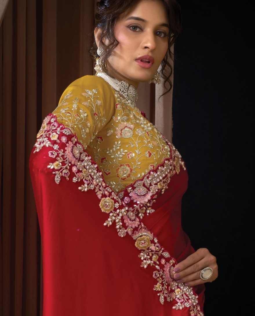 RED - Radiant Hot Red Satin Silk Sequins Beads Hand Embroidered Stones Saree Wedding Wear