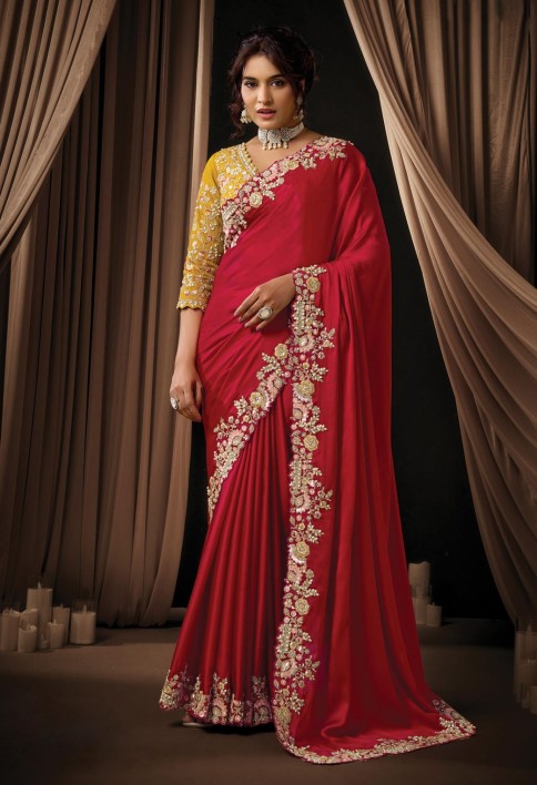 Radiant Hot Red Satin Silk Sequins Beads Hand Embroidered Stones Saree Wedding Wear