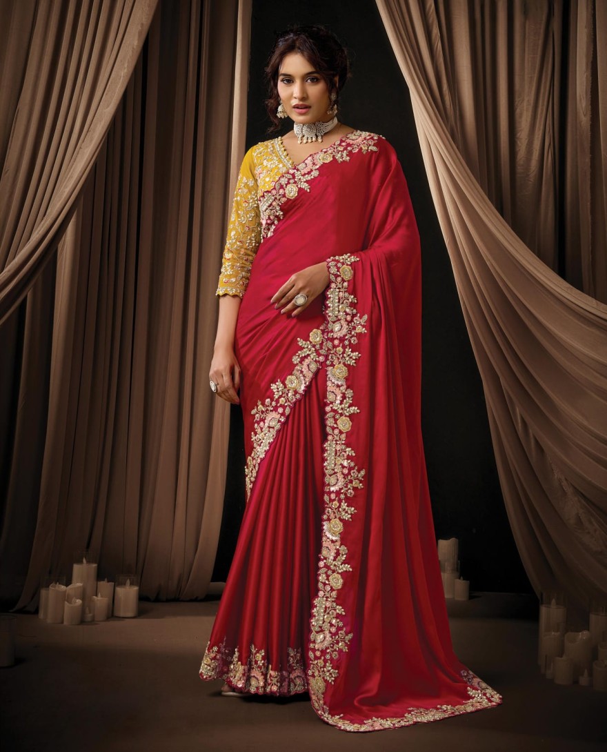RED - Radiant Hot Red Satin Silk Sequins Beads Hand Embroidered Stones Saree Wedding Wear