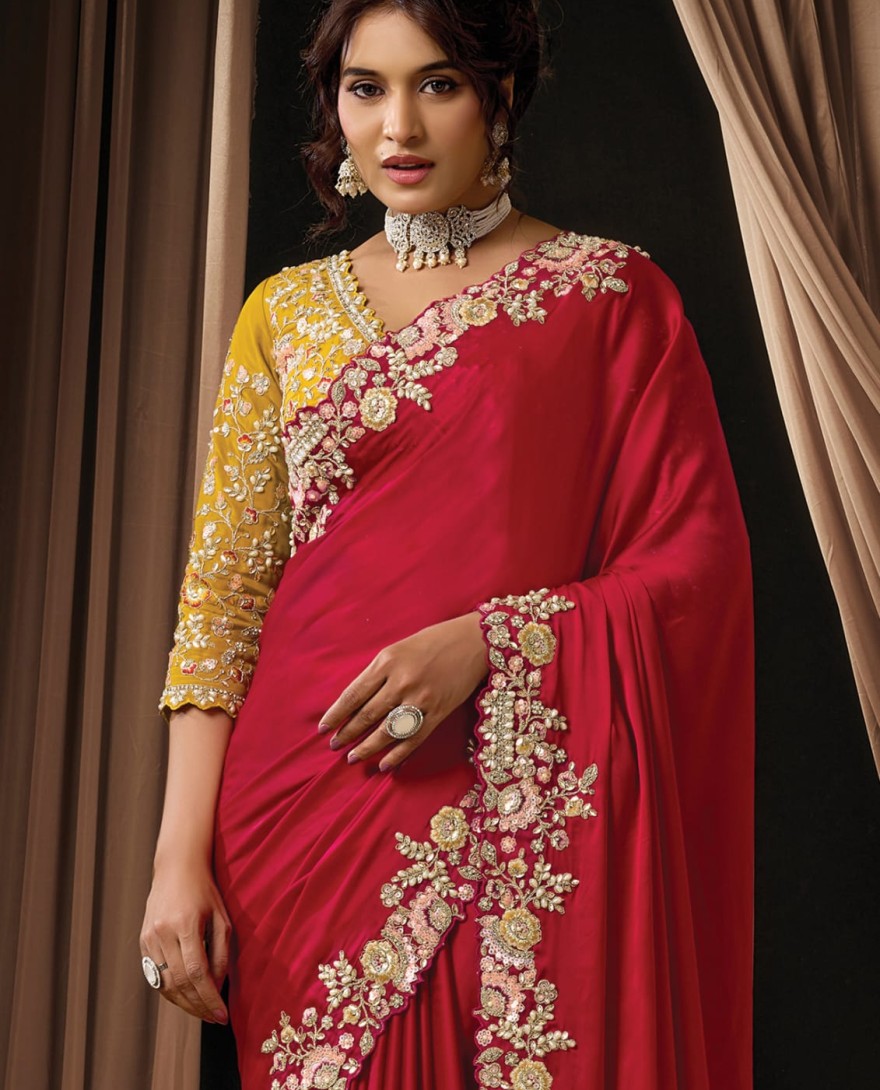 RED - Radiant Hot Red Satin Silk Sequins Beads Hand Embroidered Stones Saree Wedding Wear