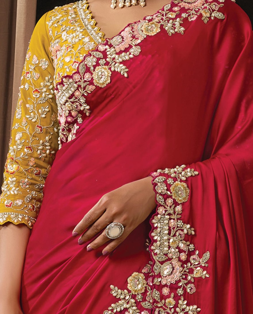 RED - Radiant Hot Red Satin Silk Sequins Beads Hand Embroidered Stones Saree Wedding Wear