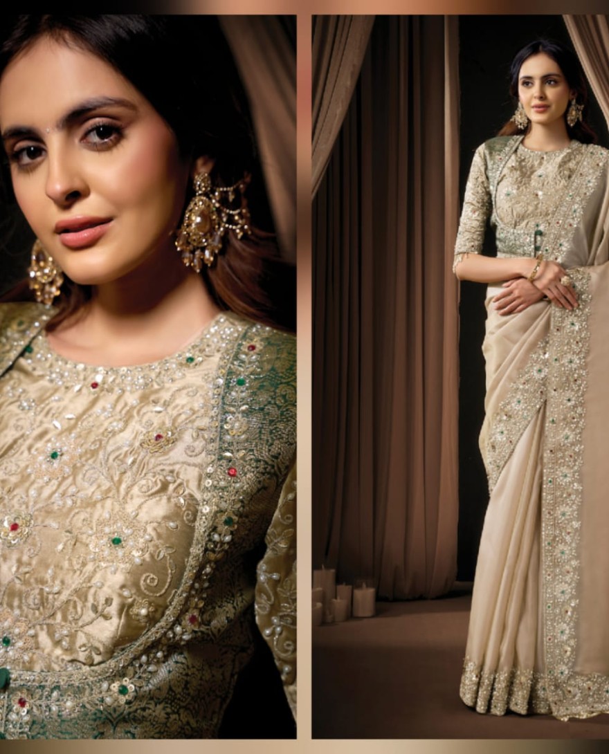 	 BEIGE - Elegant Beige Zari Organza Satin Sequins Beads Hand Embroidered Stones Saree Wedding Wear
