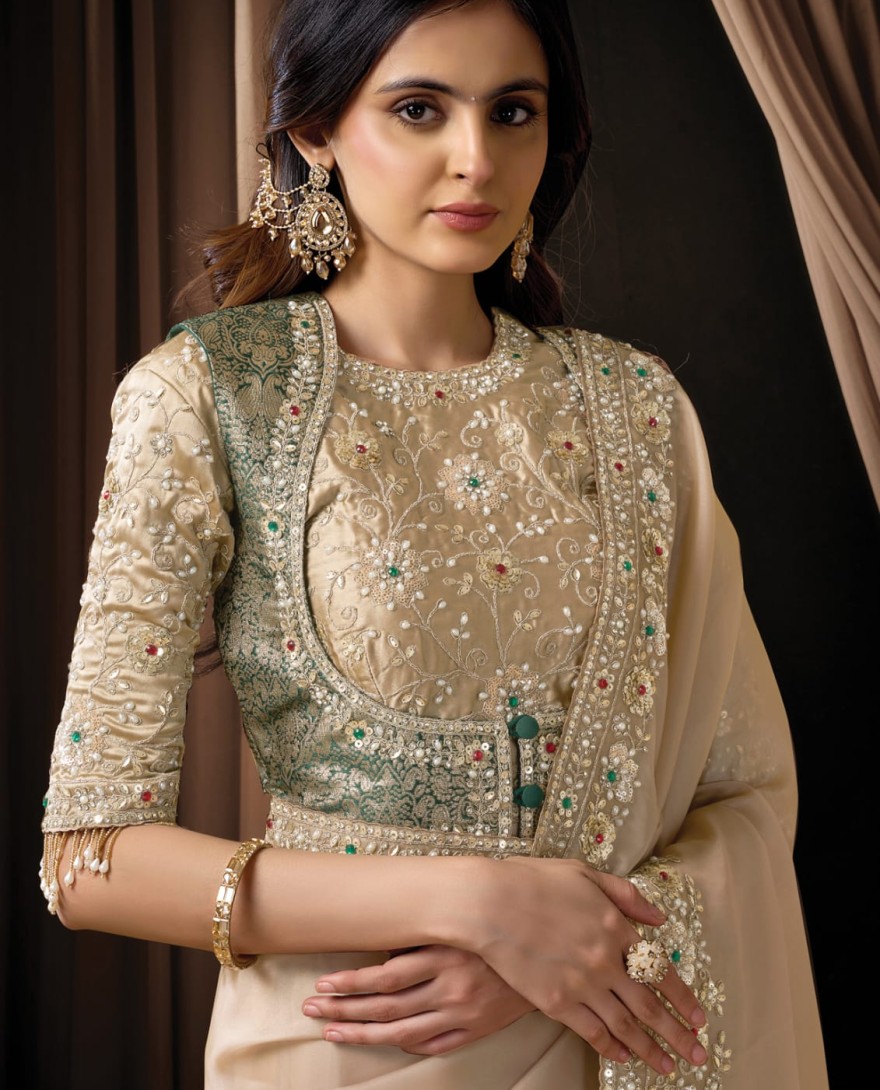 	 BEIGE - Elegant Beige Zari Organza Satin Sequins Beads Hand Embroidered Stones Saree Wedding Wear