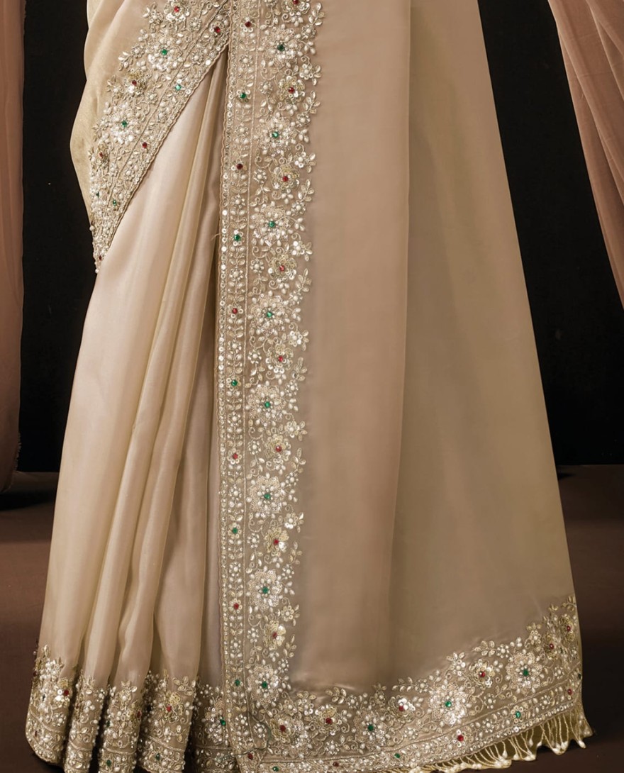 	 BEIGE - Elegant Beige Zari Organza Satin Sequins Beads Hand Embroidered Stones Saree Wedding Wear