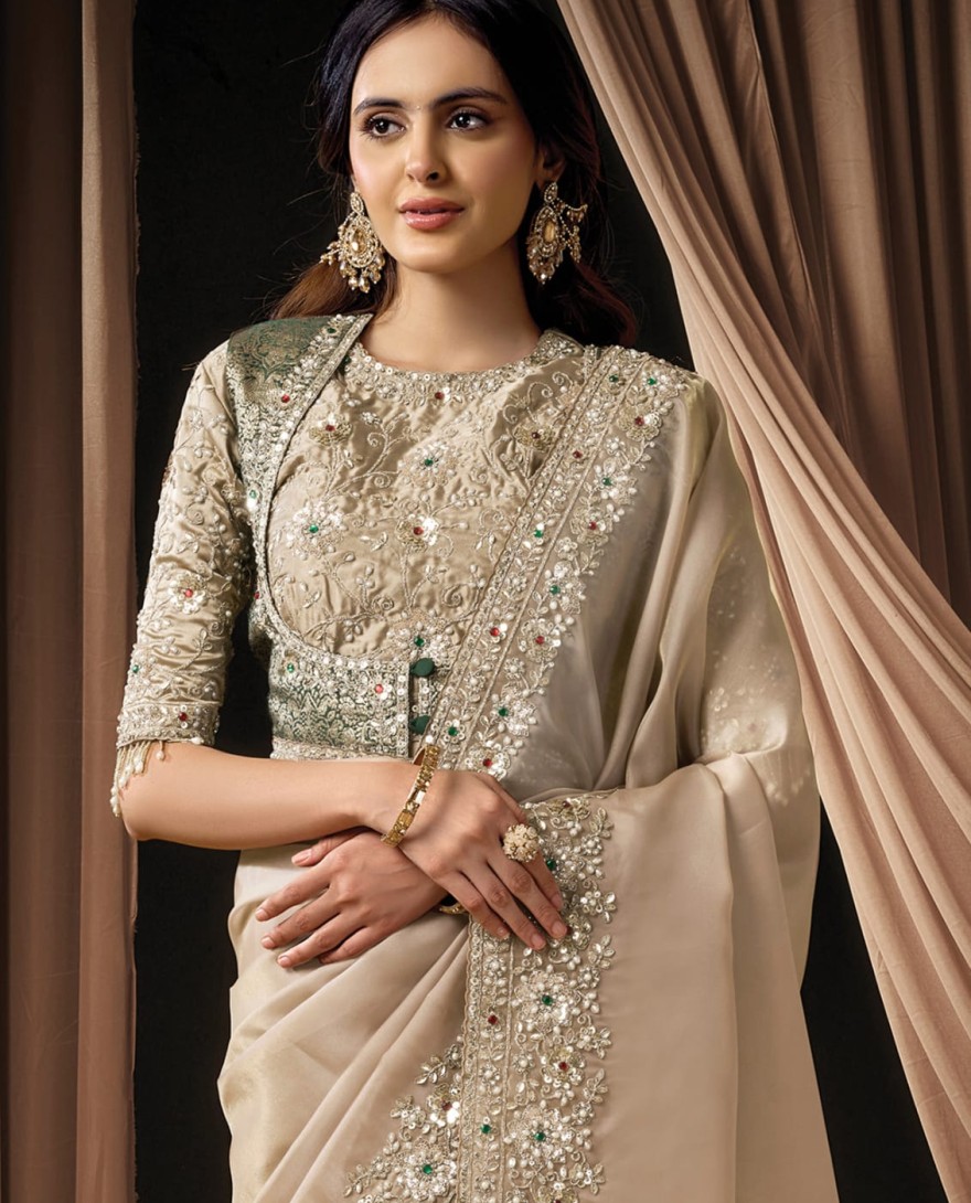 	 BEIGE - Elegant Beige Zari Organza Satin Sequins Beads Hand Embroidered Stones Saree Wedding Wear