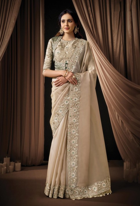Elegant Beige Zari Organza Satin Sequins Beads Hand Embroidered Stones Saree Wedding Wear
