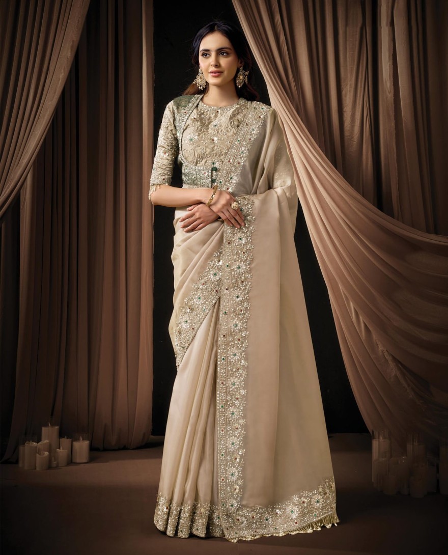 BEIGE - Elegant Beige Zari Organza Satin Sequins Beads Hand Embroidered Stones Saree Wedding Wear