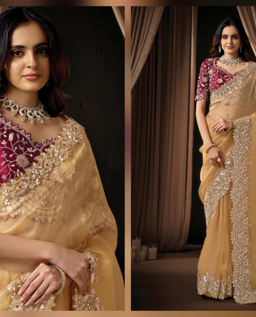 YELLOW - Graceful Light Yellow Organza Tissue Sequins Beads Hand Embroidered Stones Saree Wedding Wear