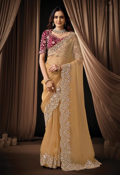 Graceful Light Yellow Organza Tissue Sequins Beads Hand Embroidered Stones Saree Wedding Wear