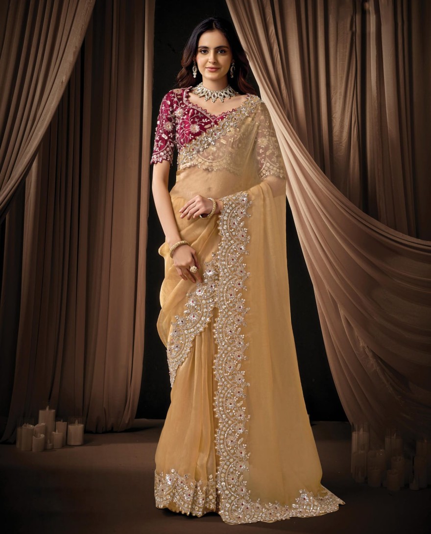 YELLOW - Graceful Light Yellow Organza Tissue Sequins Beads Hand Embroidered Stones Saree Wedding Wear