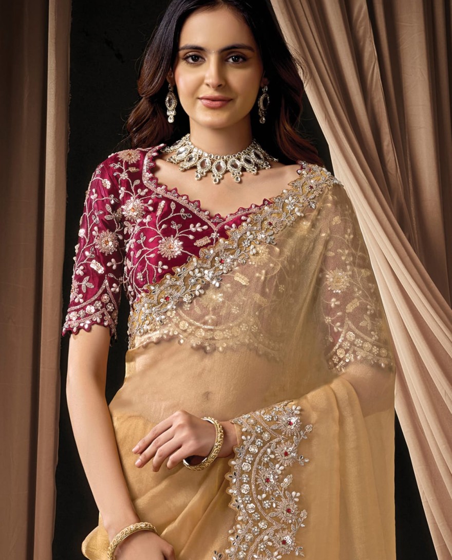 YELLOW - Graceful Light Yellow Organza Tissue Sequins Beads Hand Embroidered Stones Saree Wedding Wear