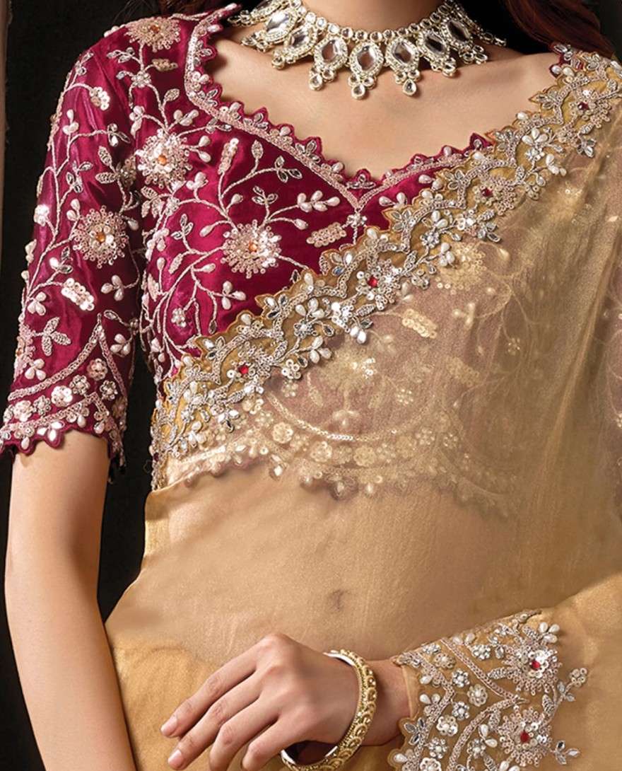 YELLOW - Graceful Light Yellow Organza Tissue Sequins Beads Hand Embroidered Stones Saree Wedding Wear