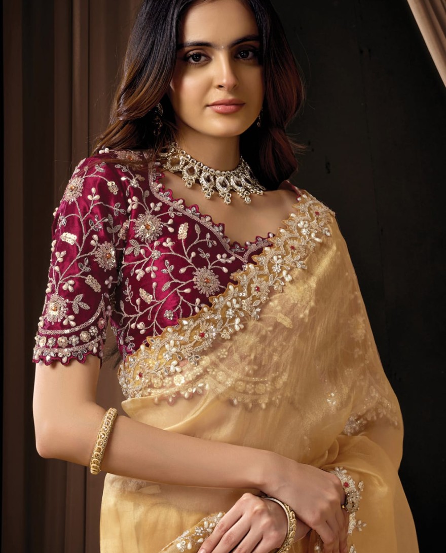 YELLOW - Graceful Light Yellow Organza Tissue Sequins Beads Hand Embroidered Stones Saree Wedding Wear