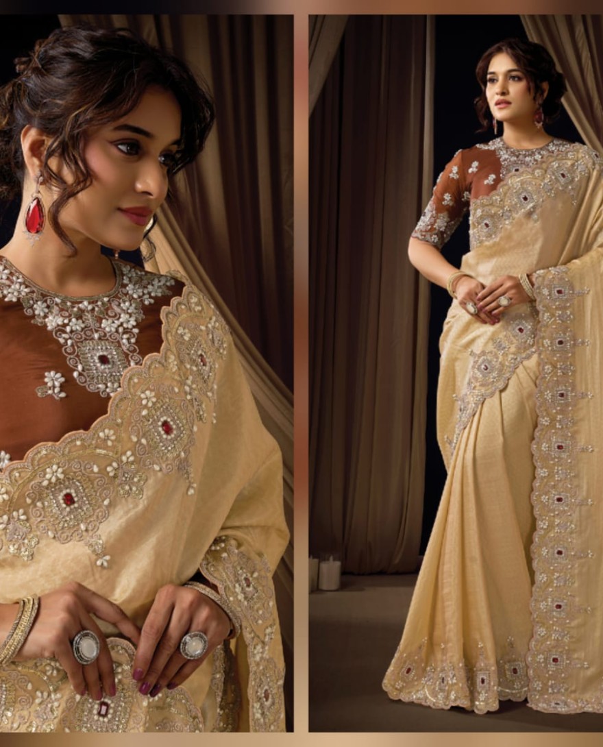 BEIGE - Refined Beige Self Woven Jacquard Silk Sequins Beads Hand Embroidered Jacquard Stones Saree Wedding Wear