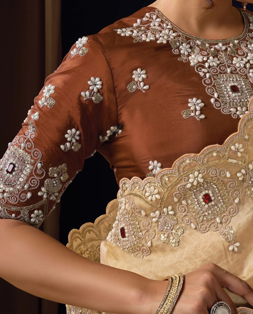 BEIGE - Refined Beige Self Woven Jacquard Silk Sequins Beads Hand Embroidered Jacquard Stones Saree Wedding Wear