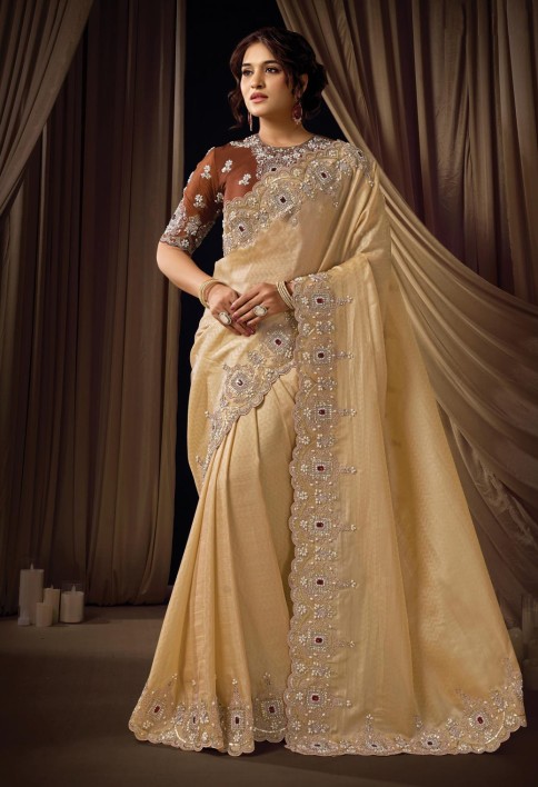 Refined Beige Self Woven Jacquard Silk Sequins Beads Hand Embroidered Jacquard Stones Saree Wedding Wear