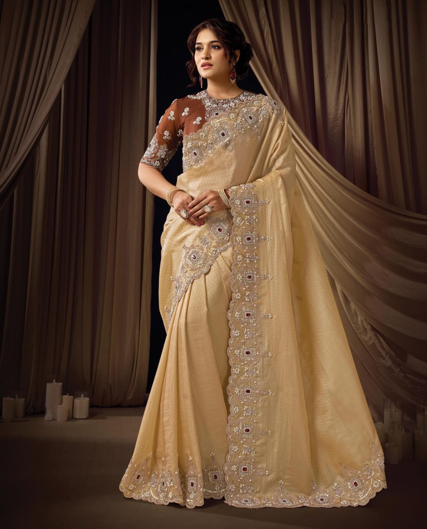 BEIGE - Refined Beige Self Woven Jacquard Silk Sequins Beads Hand Embroidered Jacquard Stones Saree Wedding Wear
