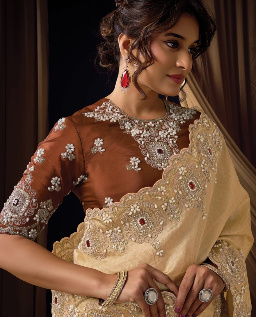 BEIGE - Refined Beige Self Woven Jacquard Silk Sequins Beads Hand Embroidered Jacquard Stones Saree Wedding Wear