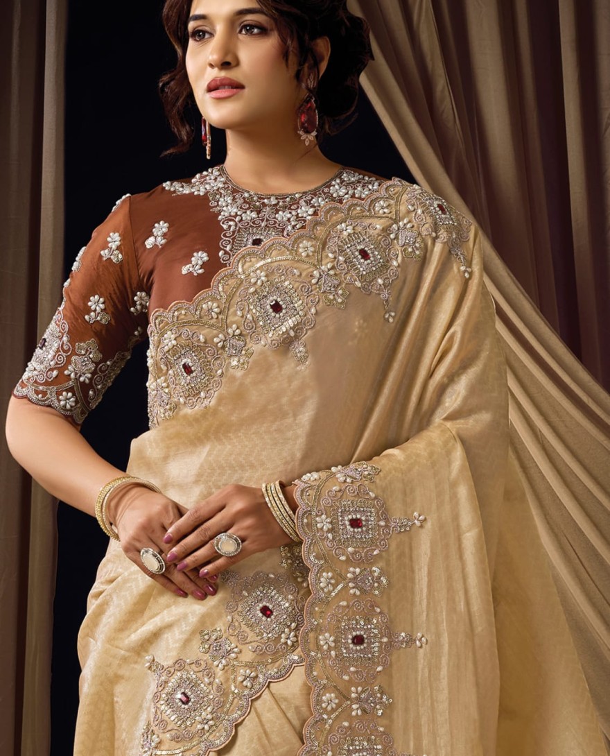 BEIGE - Refined Beige Self Woven Jacquard Silk Sequins Beads Hand Embroidered Jacquard Stones Saree Wedding Wear