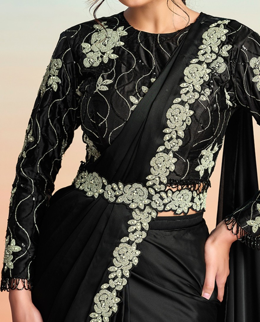 BLACK - Black Satin Silk Embroidered, Pearls and Stone Work Trendy Saree for Ceremonial